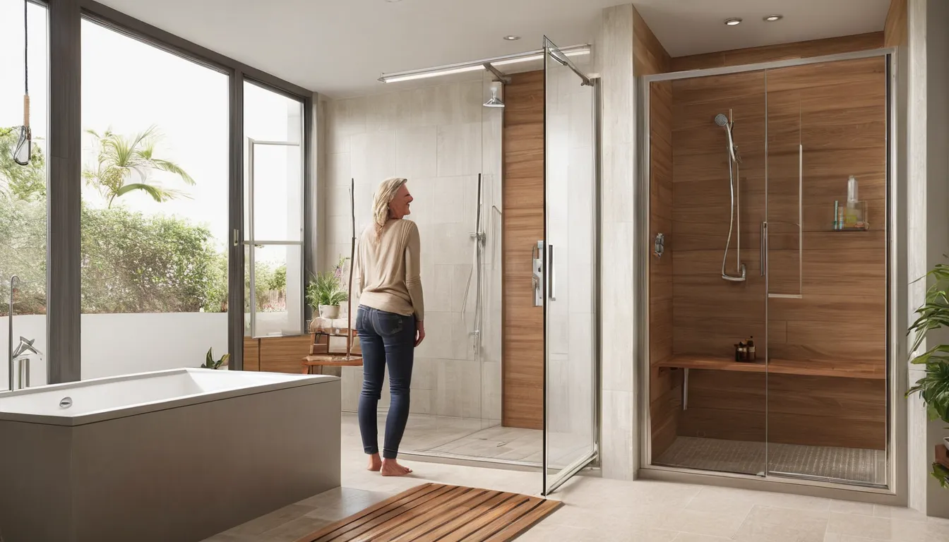 A bright, accessible walk-in shower with a bench and grab bar in a home near Mount Kisco