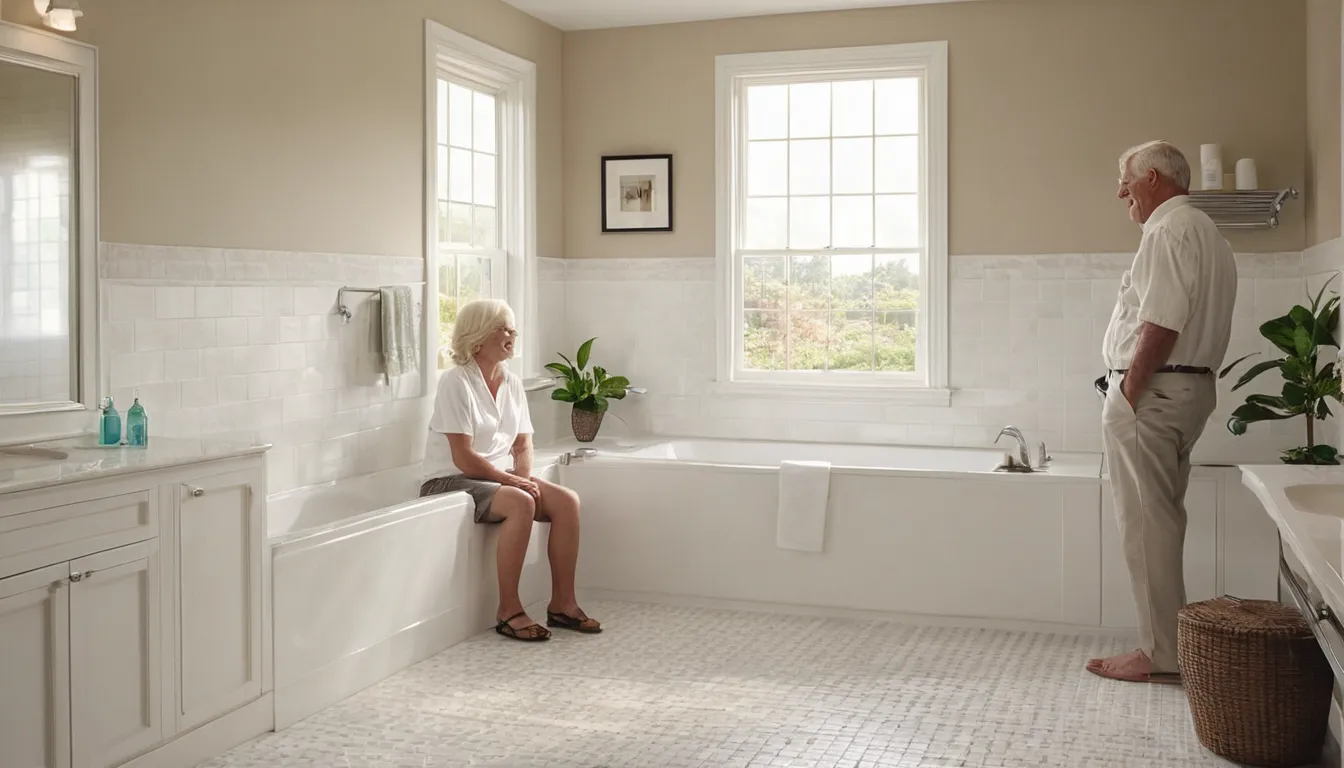 Smiling older homeowner standing beside an open walk-in tub in a bright Mount Kisco bathroom